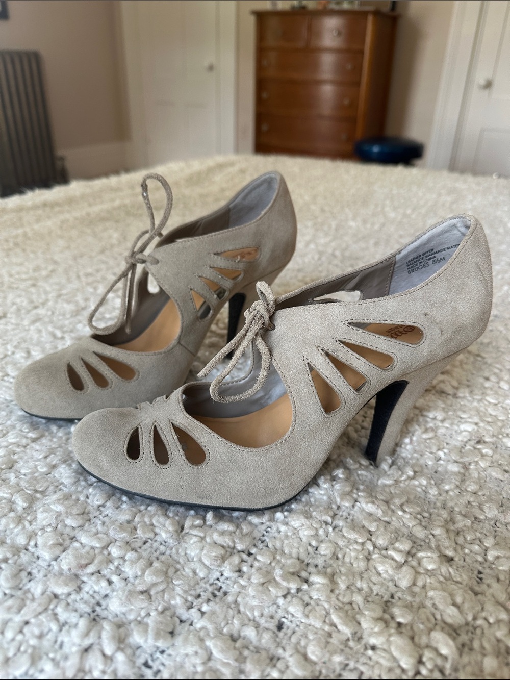Crown Vintage Taupe Suede Lace-Up Cutout Heels